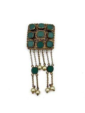 ETRUSCAN REVIVAL vintage brooch - matte gold-tone filigree pin green glass pearl